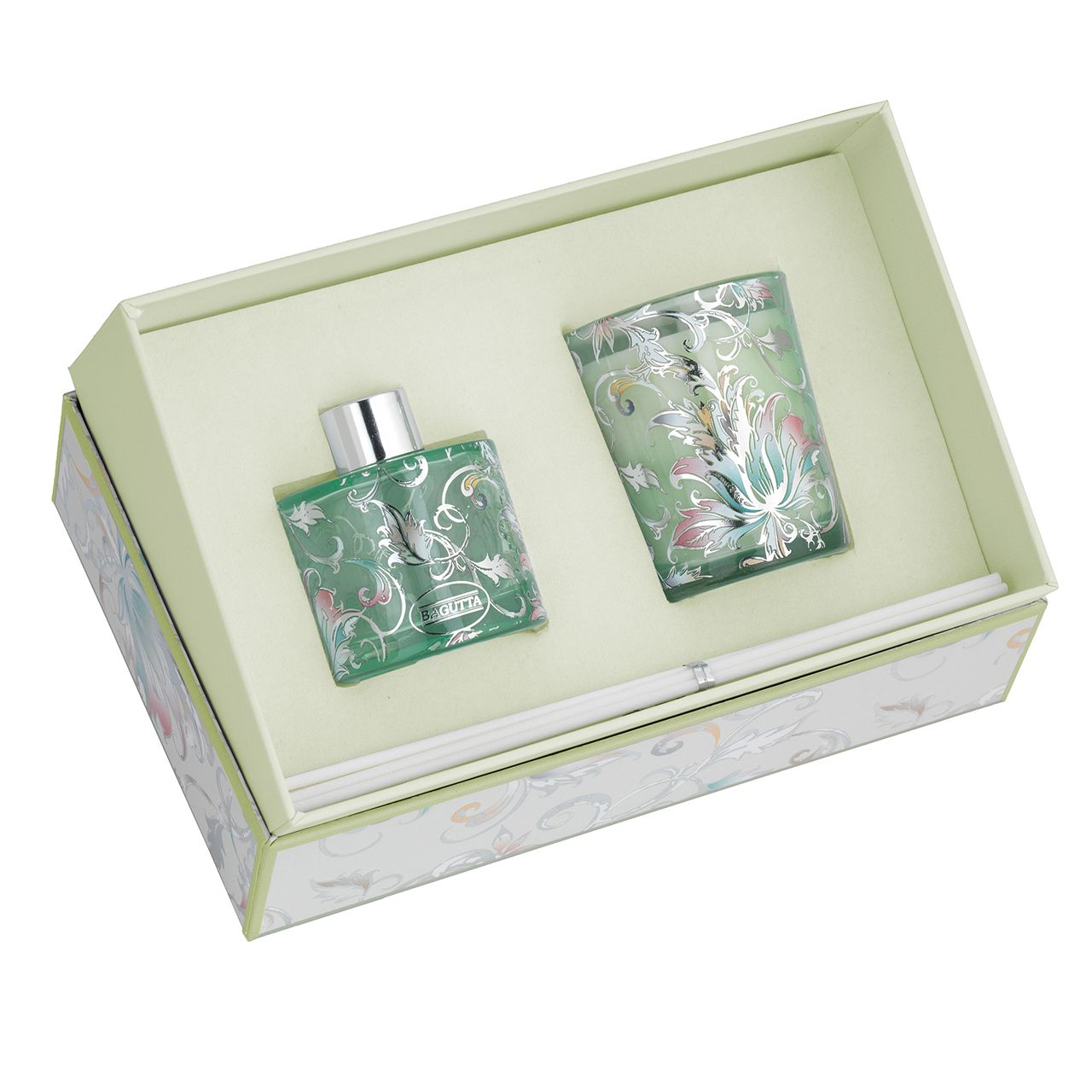 ASTUCCIO CON 50ml + STICKS + CANDELA 70gr - floglie verde Lavand